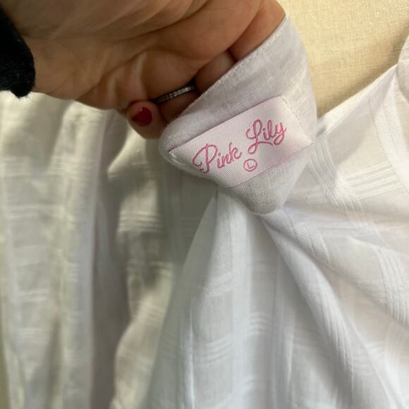 Pink Lily White Cotton Babydoll Dress Puff Sleeves Square Neck Flowy Sz Large - Picture 7 of 9